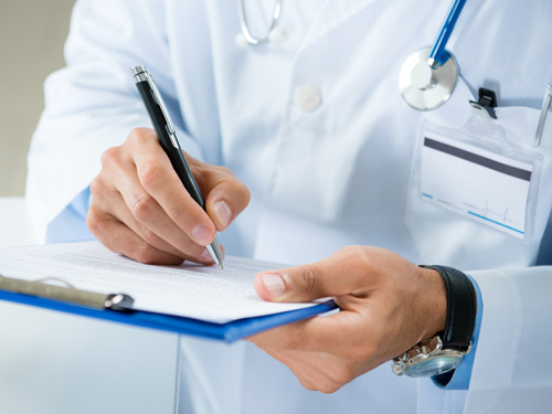 doctor recording results on a clipboard.